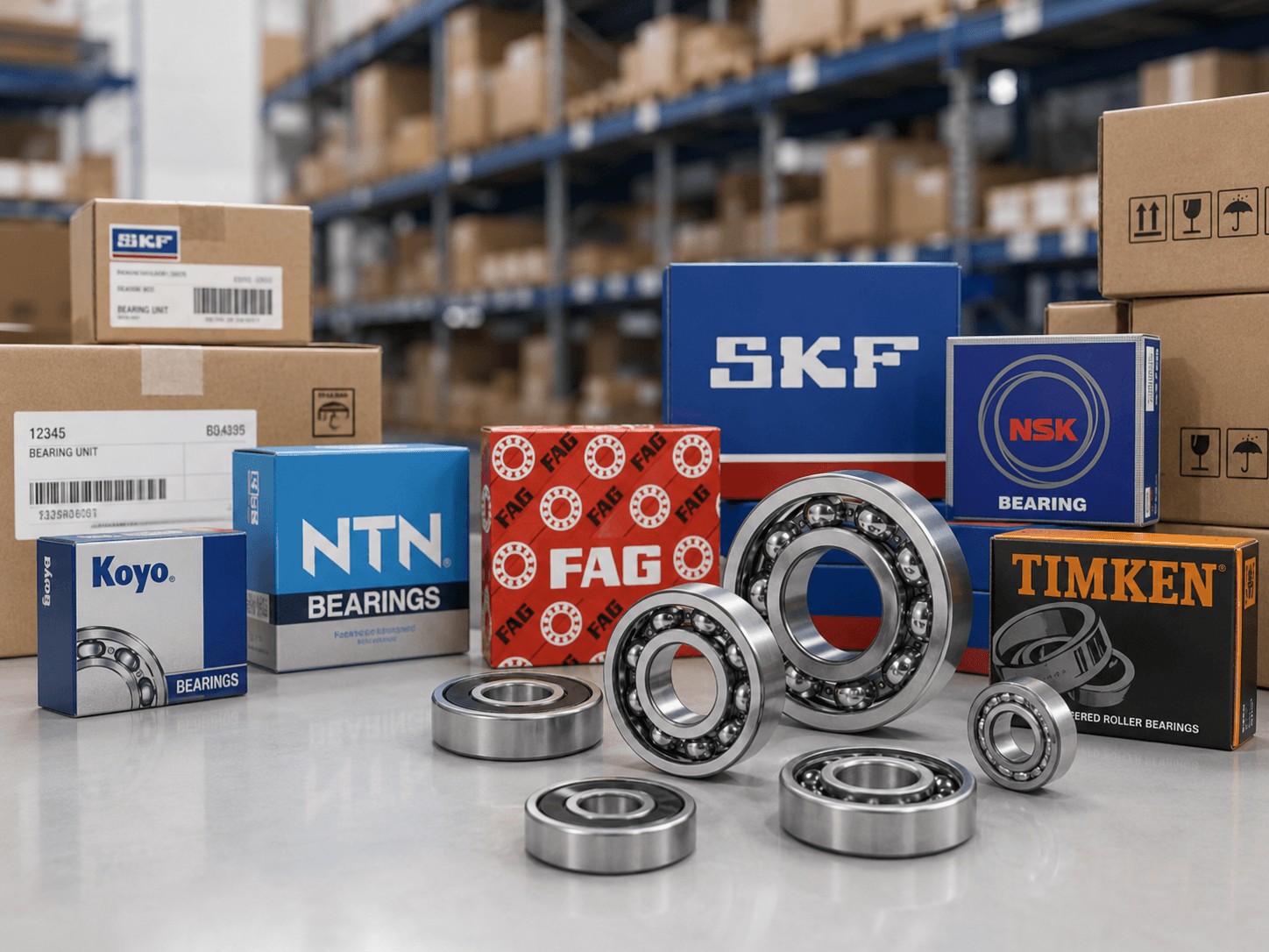 Коробки с подшипниками SKF, FAG, NSK, NTN, Timken и Koyo на стеллажах склада ASL Rulman